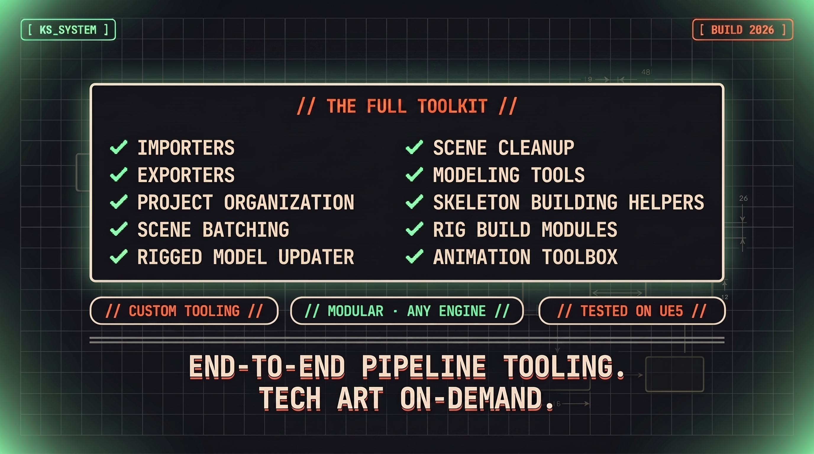 The full Kinematic Solutions toolkit: importers, exporters, project organization, scene batching, rigged model updater, scene cleanup, modeling tools, skeleton building helpers, rig build modules, animation toolbox