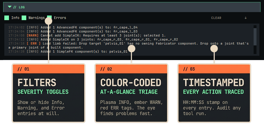 LoggerWidget showing color-coded INFO, WARN, and ERR entries with severity filters