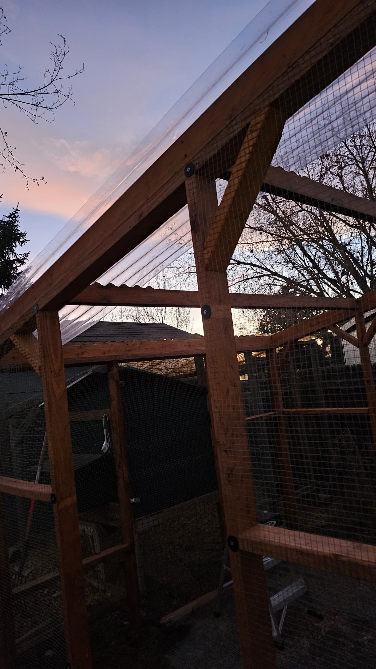The first clear roofing panels going on at dusk.