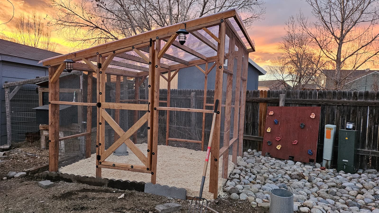 The finished door in the run at sunset.