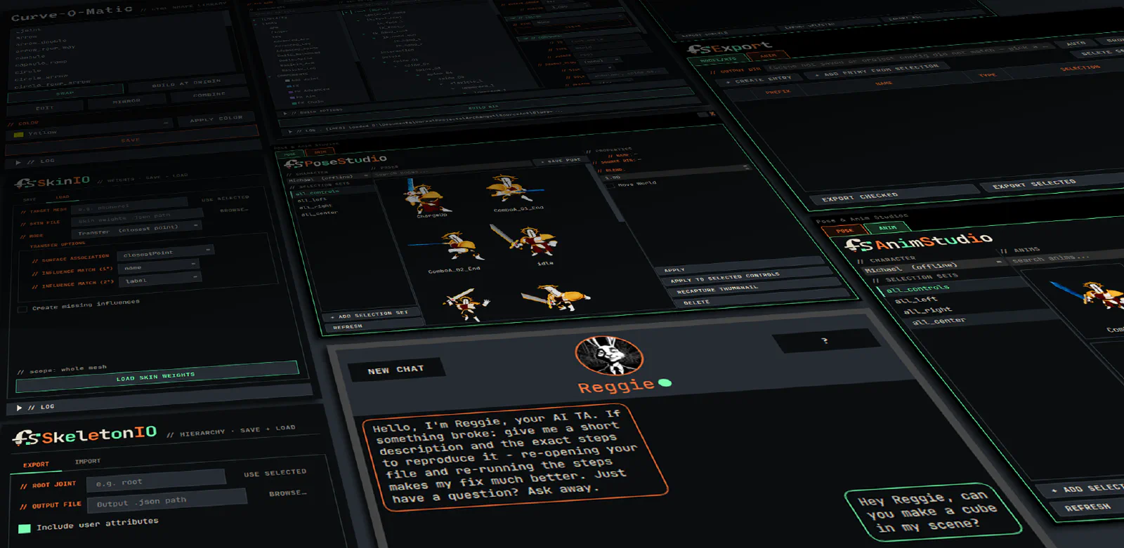 The FabricatorStudio toolkit in Maya: modular rig builder, Pose and Anim Studio, Skin IO, Skeleton IO, FBX exporter, and Reggie the AI technical artist.